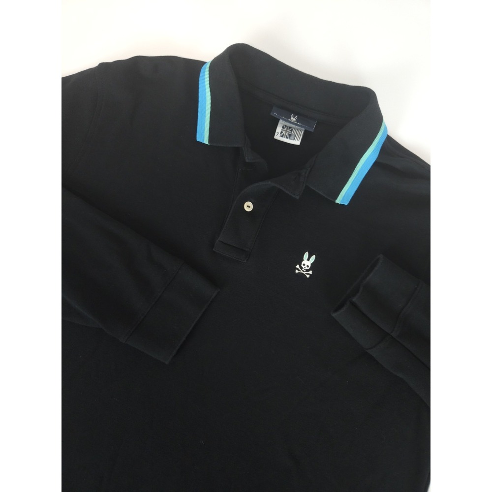 Psycho Bunny Men's Long Sleeve Pima Cotton Polo Shirt Black Sz 7 XL